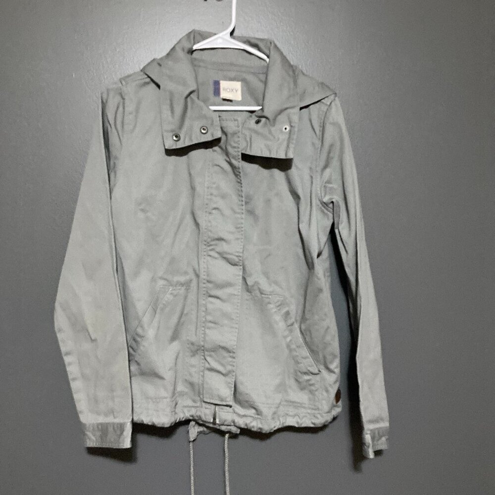 Roxy Women‎ Size L Grey Windbreaker Jacket Surfer Geo Pattern Hood Lightweight
